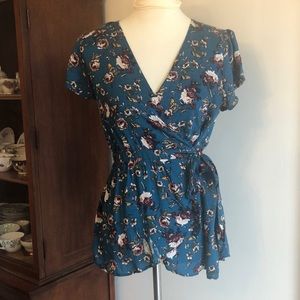 Tie-waist floral blouse. Rich teal color.